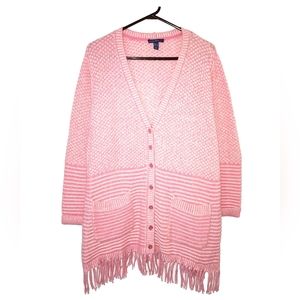 Isaac Mizrahi Live! Pink Mixed Knit Button Front Tassel Fringe Cardigan Size L